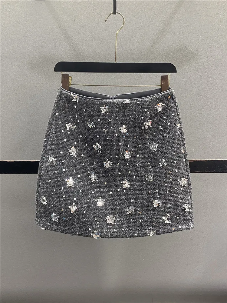 Red Sequin Woolen  Skirt Sexy Slimming Short Skirt Small Fragrance Style Luxury Casual Women's Standard Fit Zipper Style