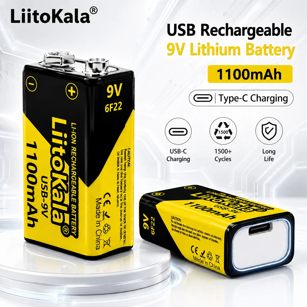 Rechargeable 9V Battery 1100mAh Lithium Ion Battery USB Type-C Charging 6F22 Replacement for Microphone Alarm Remote