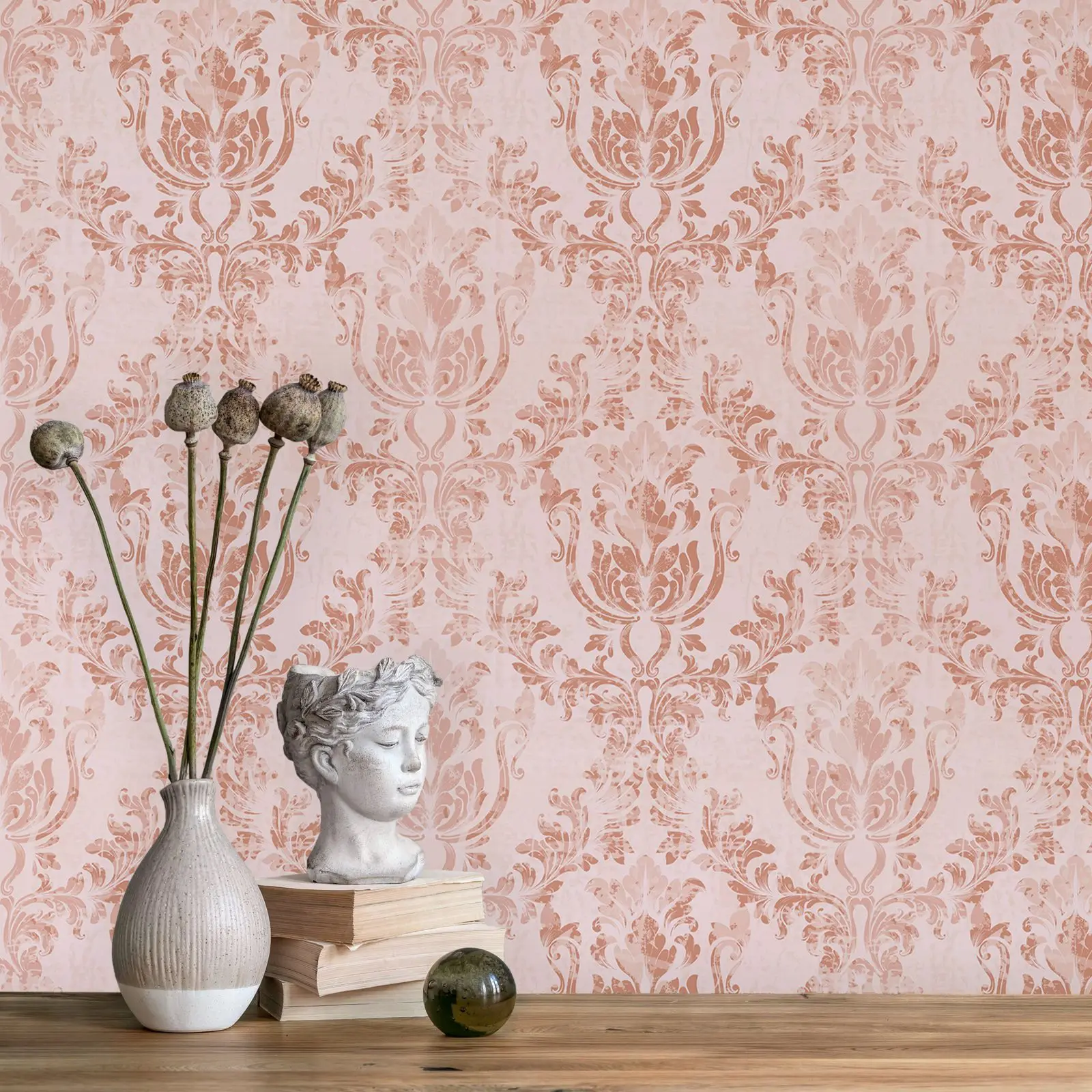 Vintage Floral Peel and Stick Wallpaper,Damascus Style Pink Wall Mural For Home Decoration, Self-adhesive Or Traditional Papers
