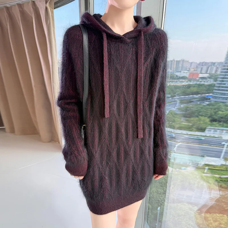 Suéter feminino para o calor do inverno, pulôver com capuz 100% caxemira de vison, elegante e moderno, alongado, cor sólida solta vers