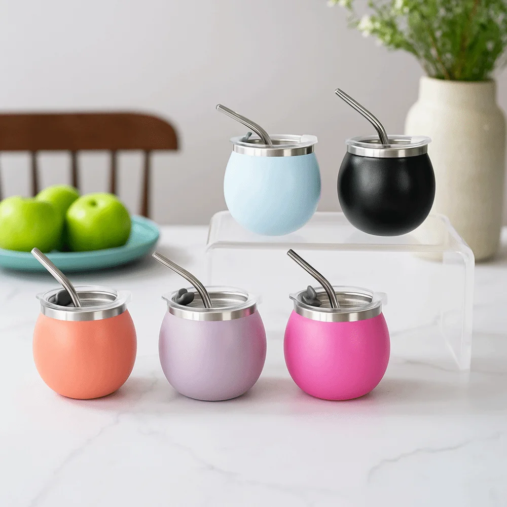Mini taza Yerba Mate argentina de doble pared con pajita y tapa, tazas aisladas de acero inoxidable, taza de huevo portátil de 5oz, regalo