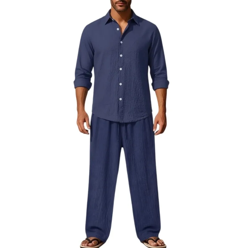 Men Linen Long Sleeve Shirt And Drawstring Pants Set Casual Loose Breathable Beach Two Piece Outfits