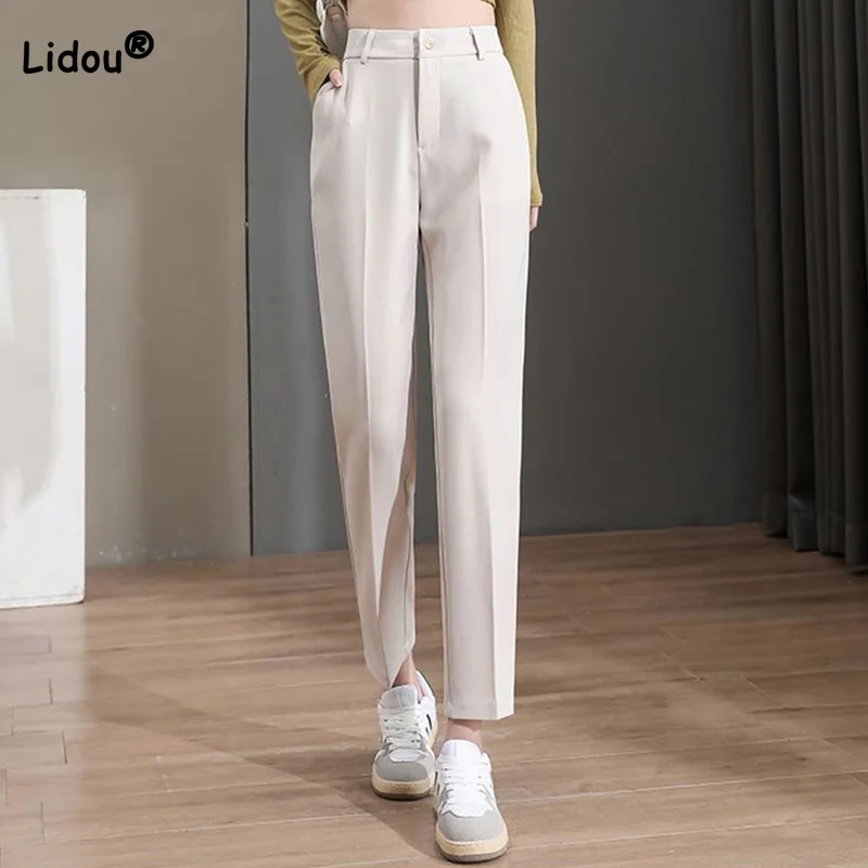 Spring Summer Office Lady Rice Apricot/black Nine Points Straight Trousers Womens All-match Button Patchwork Pockets Suit Pants