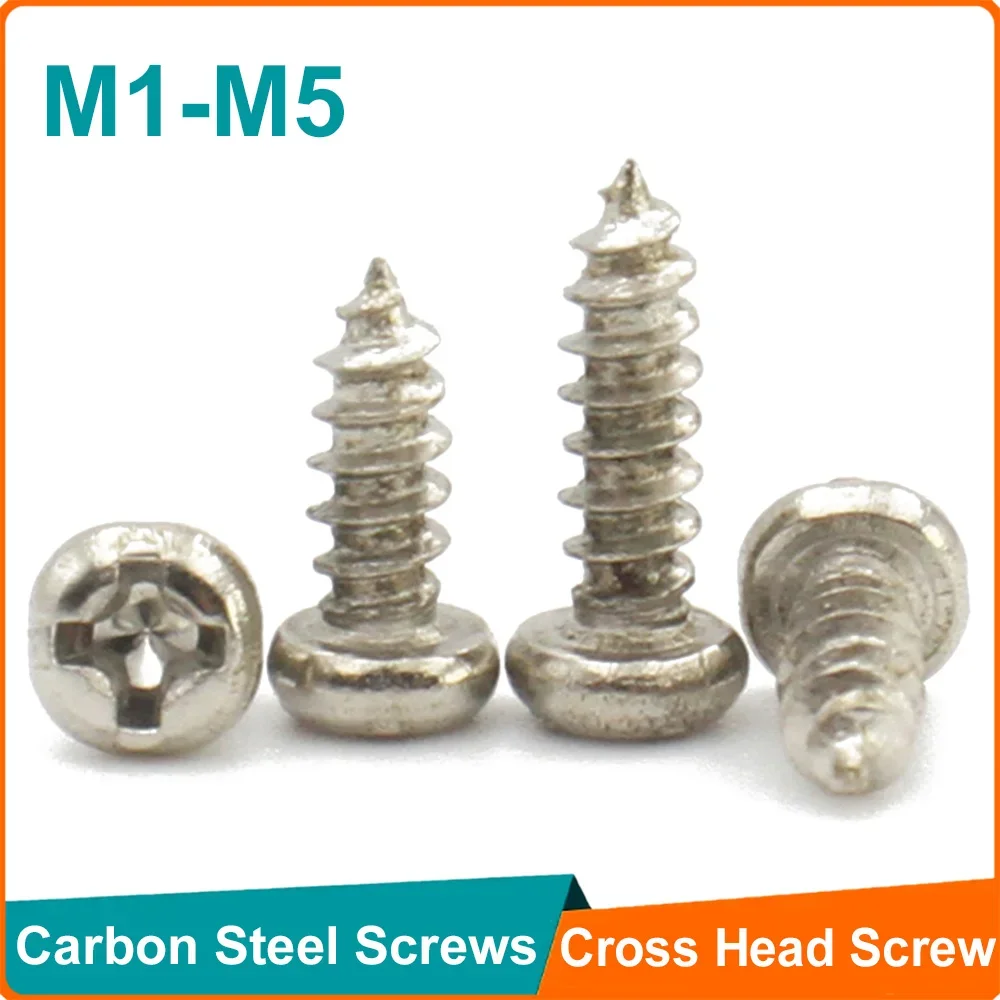 50-500pcs Nickel-Plated Carbon Steel M1 M1.2 M1.4 M1.7 M2 M2.3 M2.6 M3 M4 M5 Cross Round Head Self Tapping Screws