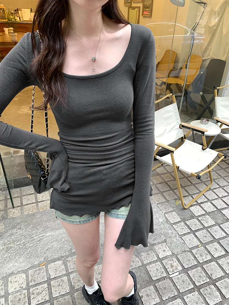 Slim Fit Long Sleeve T-Shirt Women's Autumn Medium Length Cover PP Pleated Flared Sleeve Base Shirt Top Large Collar