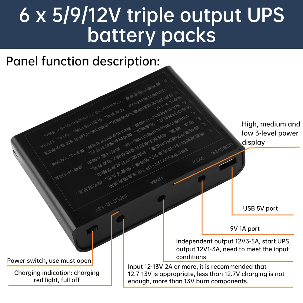 5V9V12V DC UPS Optical Cat Router Uninterruptible Power Supply Box 6*18650 Li-ion Battery Solder Free Power Box DIY Kit 60W