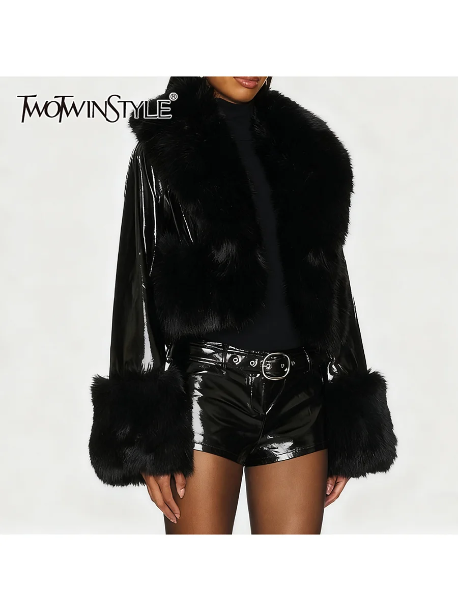 

TWOTWINSTYLE Solid Loose Spliced Fur Fashion Jackets for Women Lapel Long Sleeves Temperament Leather Jacket Female Clothing New
