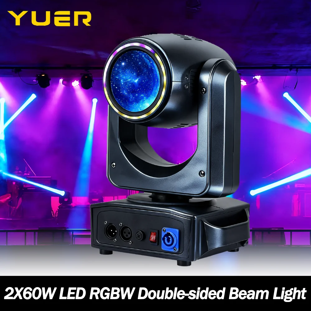 

2X60W LED RGBW Double-sided Beam Moving head light with ring strobe effect DMX512 Sound control for DJ Disco party wedding bar