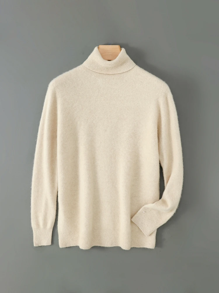 Men's Autumn Winter Seamless Sweater Wool Pullover Turtleneck Casual 100% Merino Wool Knitwear Basic Soft Essential Clothes Tops
