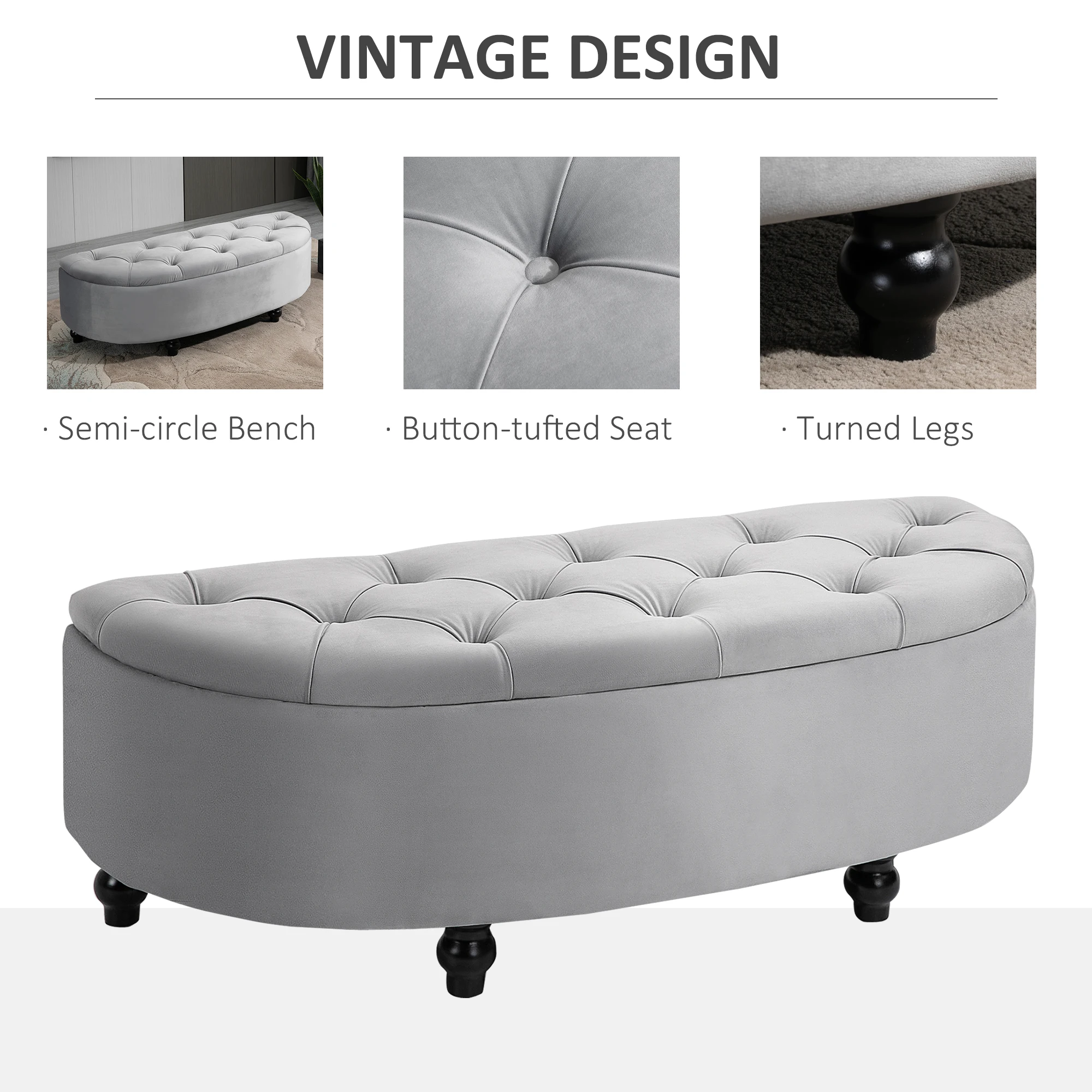 HOMCOM Semi-Circle Storage Ottoman Bench Tufted Upholstered Accent Footrest