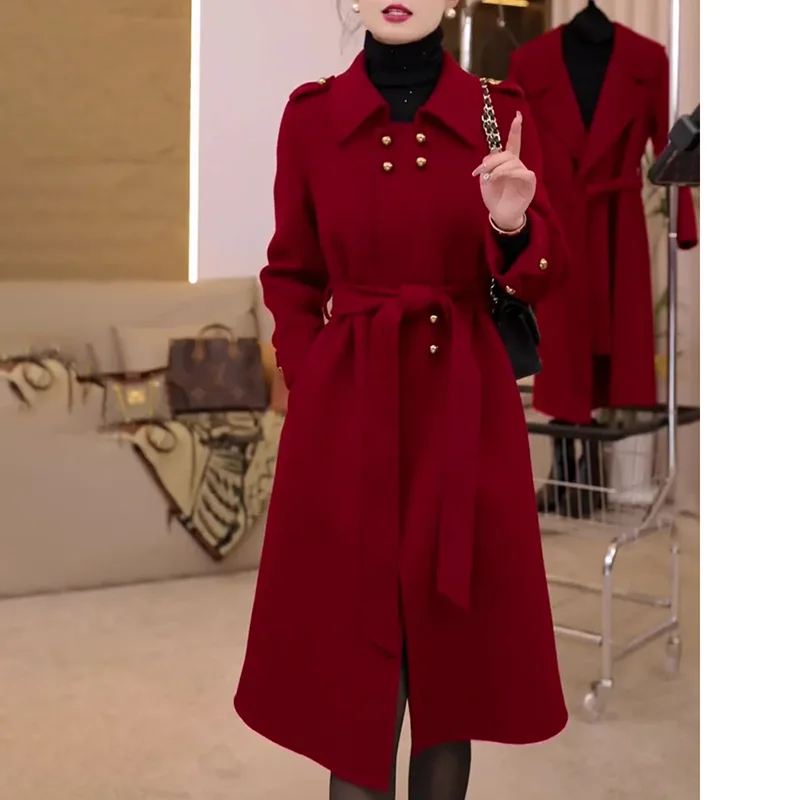 

Fashion Double-Sided Tweed Jacket Women's Overcoat Autumn Winter New High-End Belt Medium-Long Double-Breasted Windbreakers Coat