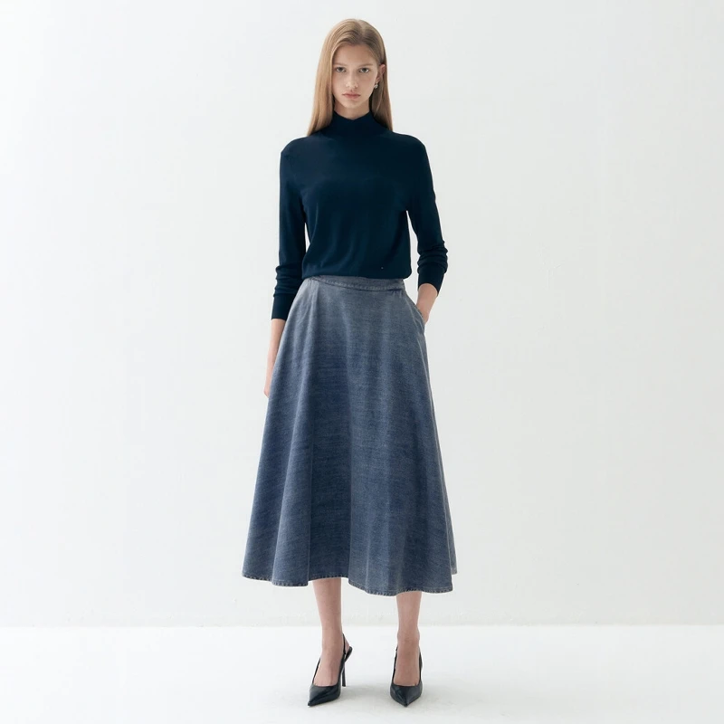 Fall New Arrival A-Line Denim Skirt Maxi Skirt Elegant Commute Versatile Slimming Skirt High Waist Cotton Material Washed Finish