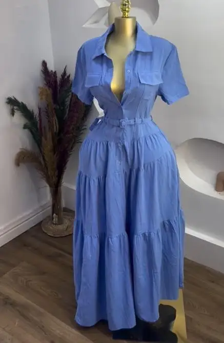 Damesjurken 2023 Zomer Nieuwe Mode Turn-Down Kraag Korte Mouwen Gesp Tailleband Casual A-lijn Shirt Lange Jurk