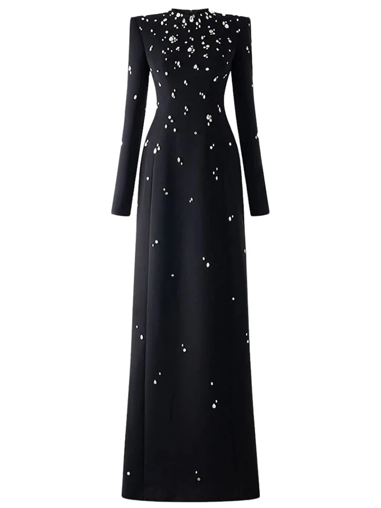 TOP QUALITY Newest 2024 Designer Fashion Women\'s Rhinestone Diamonds Beaded Long Maxi Dress