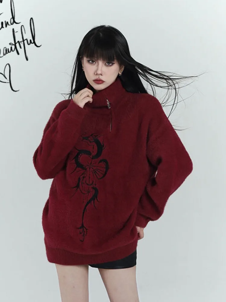 Streetwear Red Zipper Grunge Sweaters Y2k Aesthetic Loose Casual Vintage Printing Pullovers Women Oversized Harajuku Jumpers