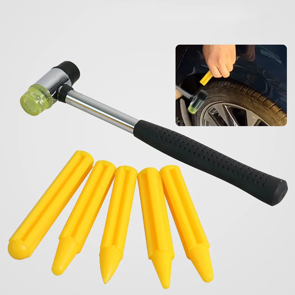Car Dent Fix Leveling Pen Rubber Hammer Set Paintless Dent Removal Repair Tool Yellow Knock Pen 5Pcs with Small Hammer for Car