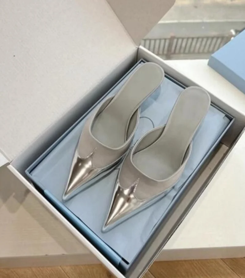 

2025 Spring New Women's Slippers Pointed Toe Kitten Heel Wrapped Toe Matching Color Muller Temperament Elegant Sexy Women Shoes