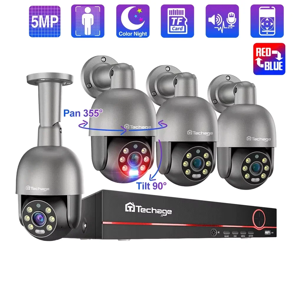 

Techage 5CH 4K 5MP PTZ система безопасности POE IP камера наружного обнаружения человека AI двусторонняя аудио видео камера виде