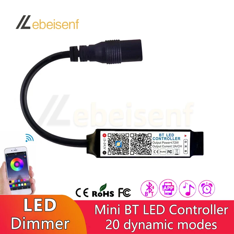 Mini LED Controller Bluetooth APP Dimming Control DC 12V 24V 6A RGB Color Strip Light Smart Wireless Constant Voltage PWM Dimmer