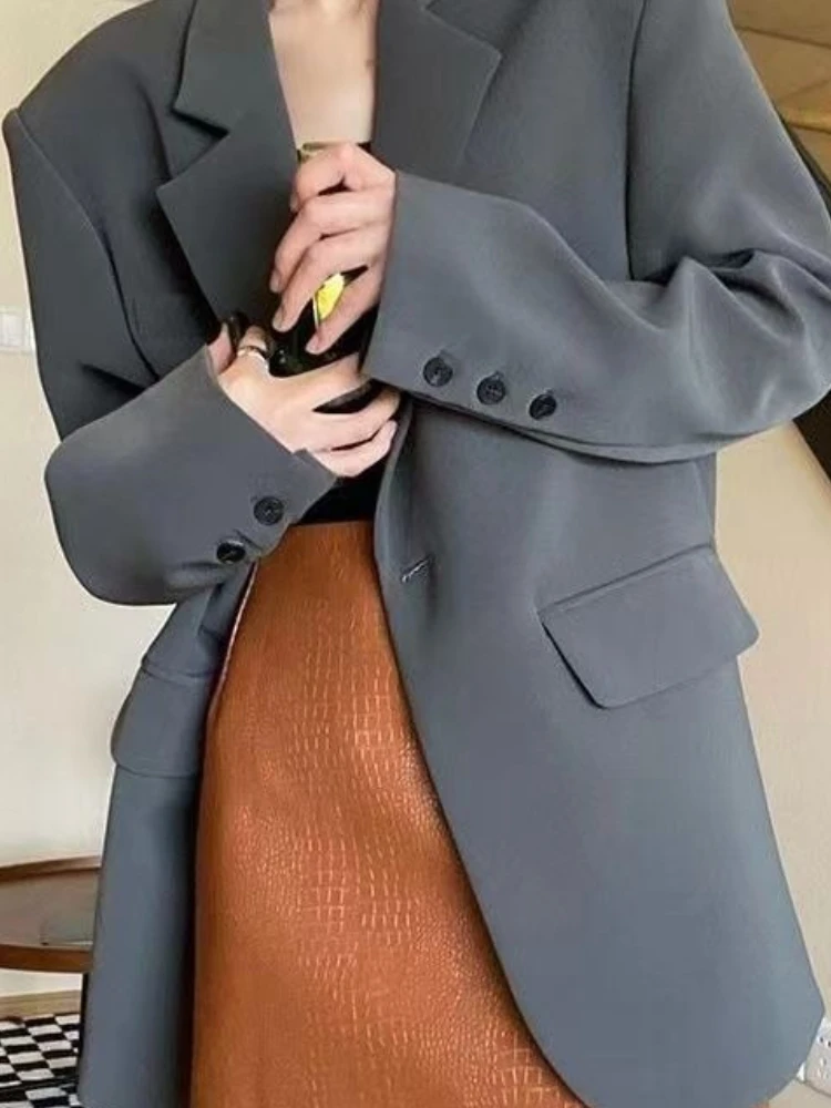 春秋新作 無地 レディーススーツ 通勤 シングルボタンスタイル カジュアル ルーズ レトロファッション 長袖コートトップ