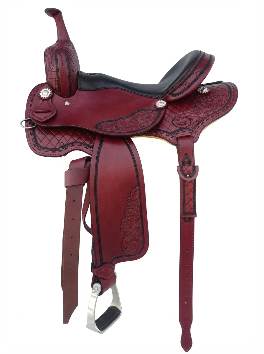 Western Horse Saddle Leather Rein Wood Water Restricting Wear Resistant Lightweight Comfortable Equestrian Riding Accessory