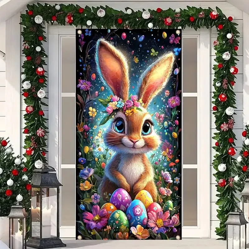 1pc, 2D door banner, Easter Bunny Door Cover banner, multi-purpose room/garden decor with Easter eggs and floral design