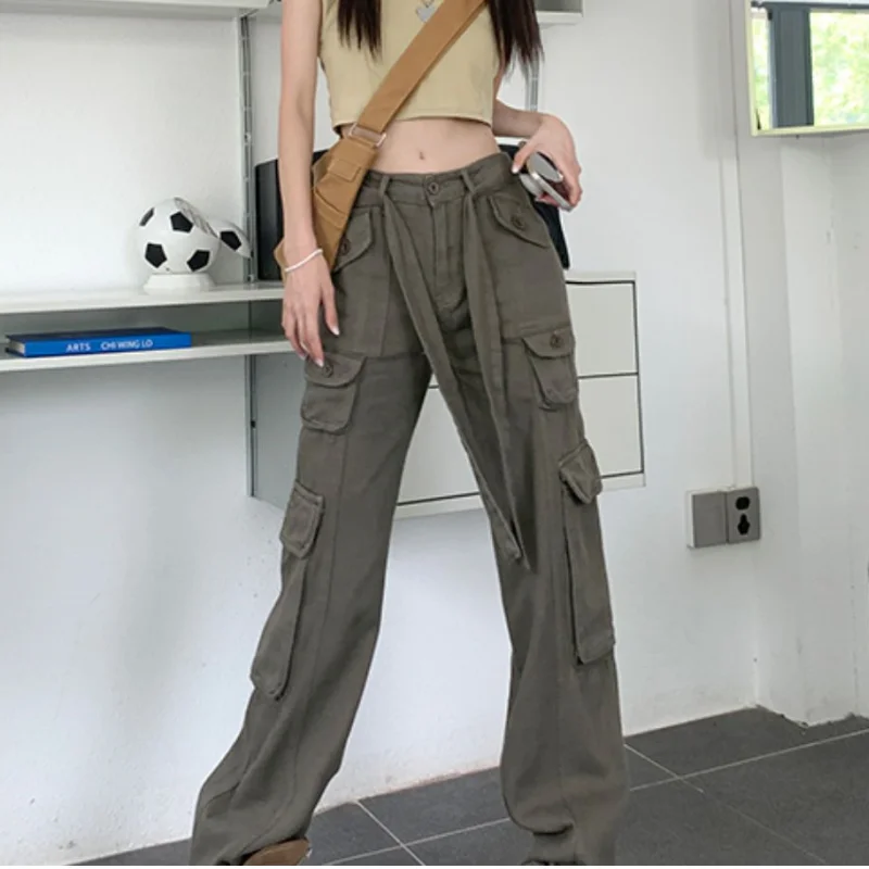 

Vintage Green Jeans Cargo Pants Fashion Many Pocket Straight Mopping Pants High Street Y2K Baggy Wide Leg Trouser Ladies Spring