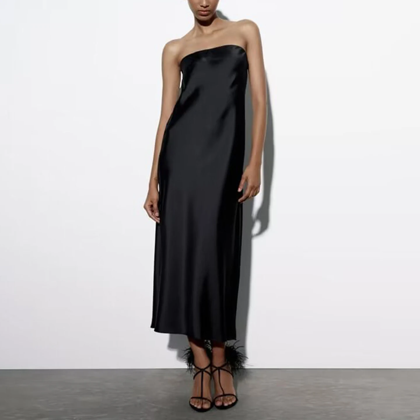 Sommer 2025, Faion-Seidensatin-Feeling, Damen-Sle-Strapl Dr, hohe Taille, A-Linien-Rock, lang, Dr, lässige Farbe