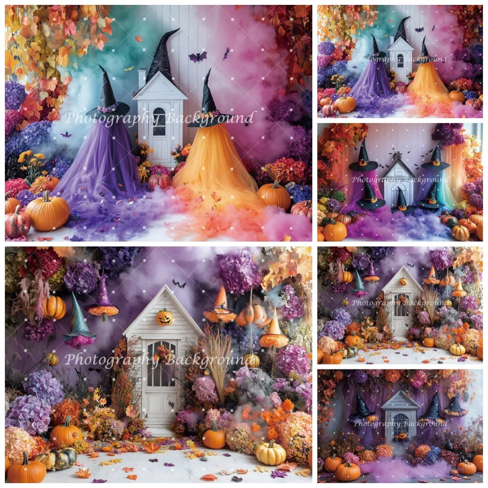

Halloween Witch Party Decor Photography Background Autumn Interior Pumpkin Girls Birthday Party Backdrop Photobooth Decoration