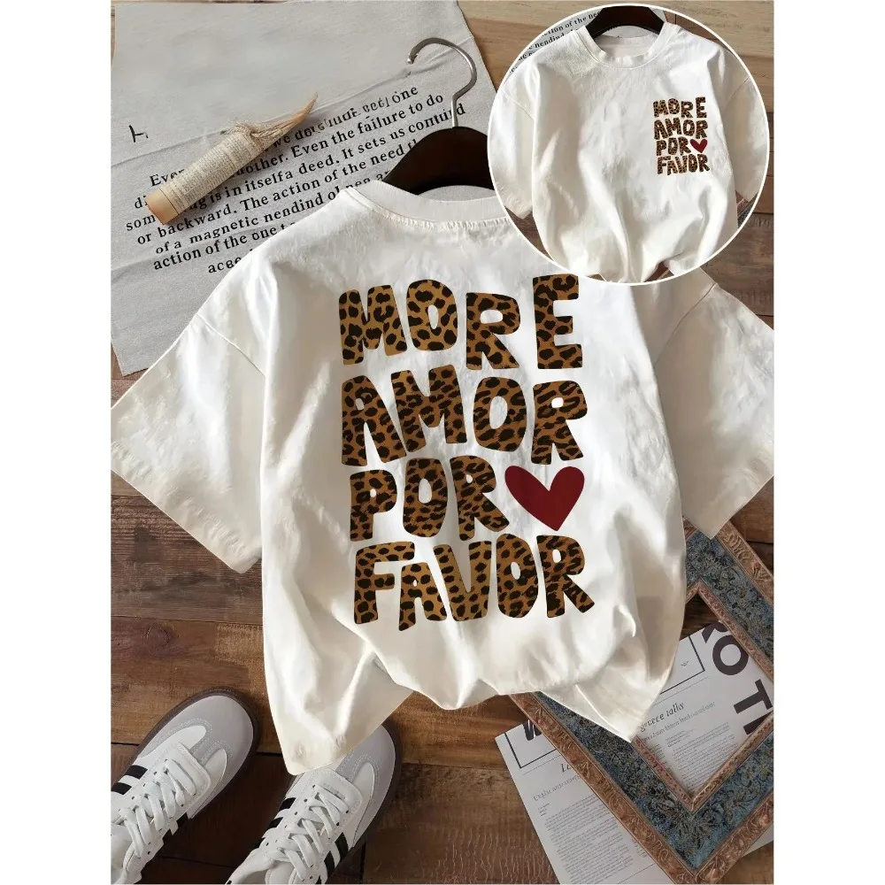 More Amor Por Favor Leopard Letter Print T‑Shirt Heart Pattern Fashion Casual Loose Pure Cotton Short Sleeve Street Tops Women's