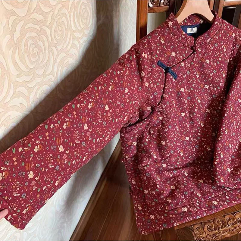 المرأة الخريف الشتاء الأزهار طباعة خط سترة الضفدع زر الوقوف كولور القطن رشاقته سترة الصينية معطف فضفاض #3