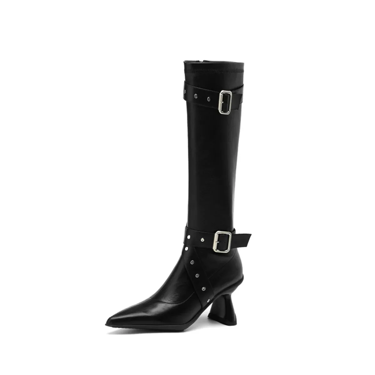 Womens Boots Fashion Classic Pointed Toe knee high boots for womens platfrom High Heels Buckles Winter Cross Belts Mordern 