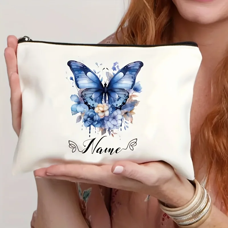 1pc Customizable Name Personalized Butterfly Pattern Makeup Bag, - Polyester Zipper Cosmetic Bag, Non- Toiletries Storage Bag -