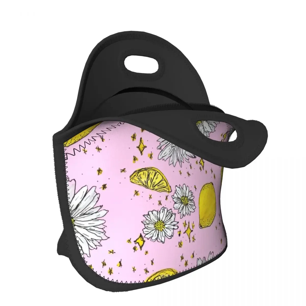 Lemon Daisy Dreams Resuable Neoprene Lunch Box Flowers Floral Pattern Cooler Thermal Food Insulated Lunch Bag School Children