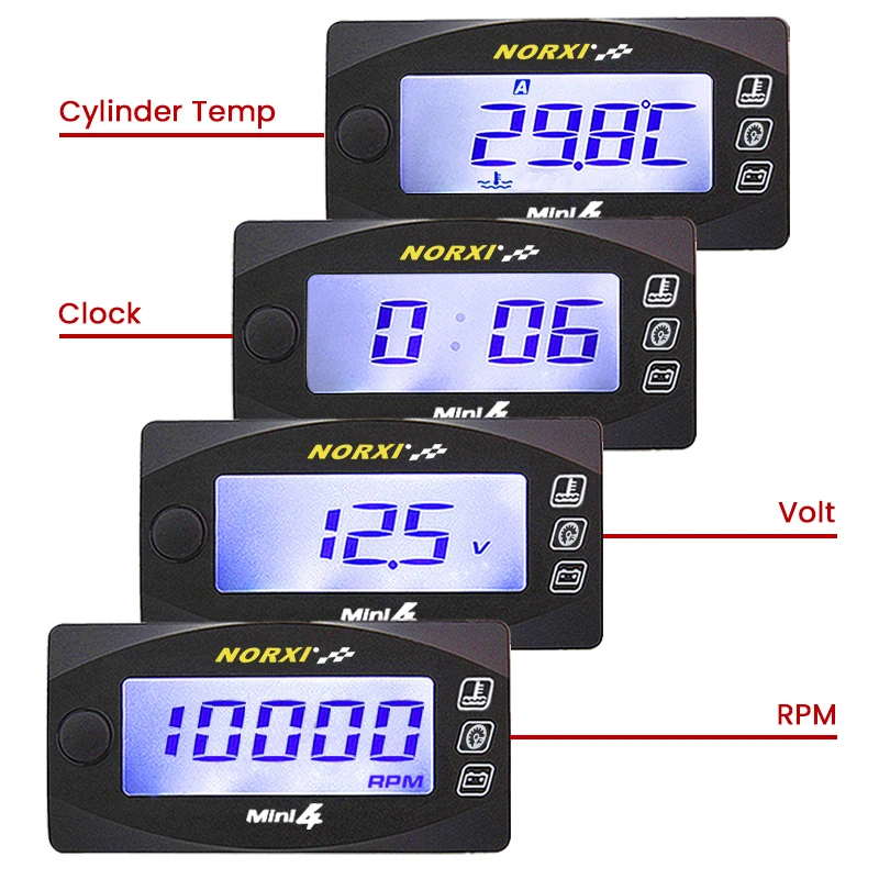 Voltímetro de temperatura de cabeza de cilindro para motocicletas, tacómetro de tiempo RPM, Mini 4 en 1, pantalla Digital LED, medidor cuádruple