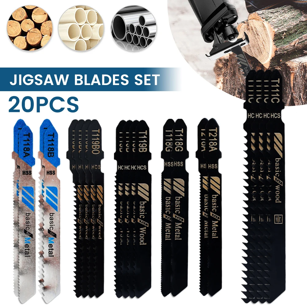 20Pcs Jigsaw Blades Set T-Shaft HCS Assorted Jig Saw Blades for Wood Plastic and Metal Cutting Blades forBlack & Decker Metabo