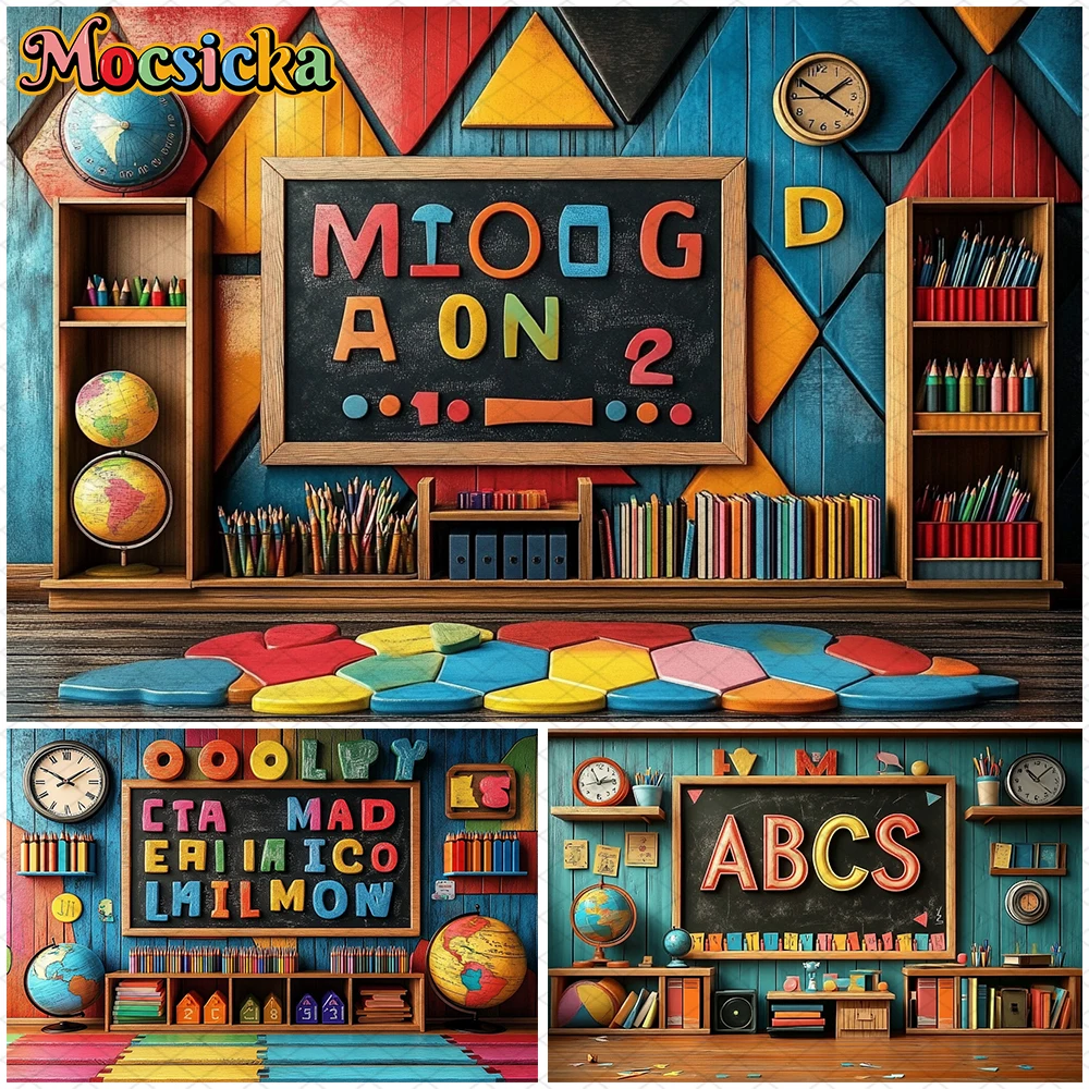 Mocsicka Blackboard Letter ABC Backdrop Photography Back To School Globe Pencil Book Decor Student Photo Background Party Banner