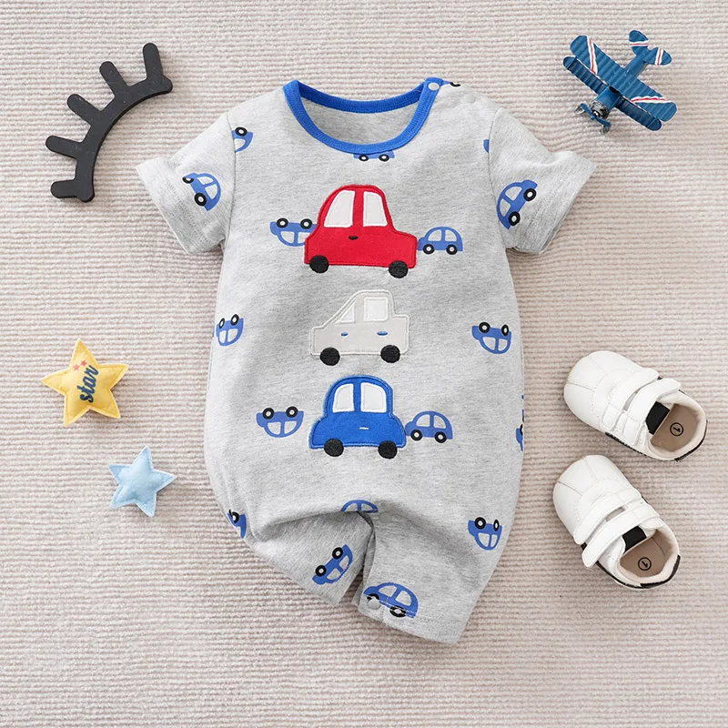 Newborn Boys And Girls Jumpsuit Baby Clothing Cute Cartoon Toy Car Baby Casual Full Print Gray Summer Short Sleeved Jumpsuit