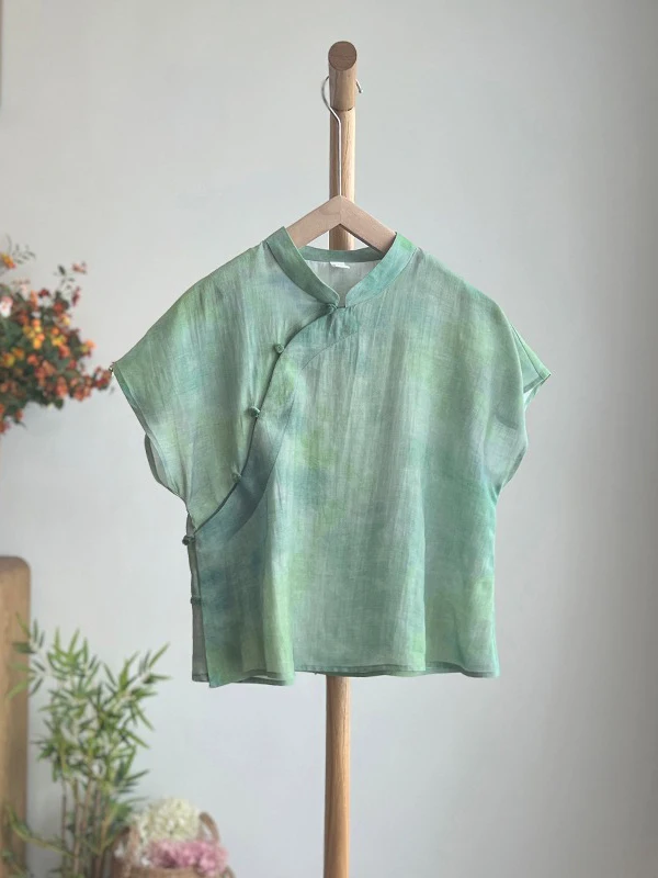 Retro Dyed Print Cotton Linen irt Women Summer New Chinese Sle Zen Tea Service Fly Sve Linen Small Top Upper Apparel