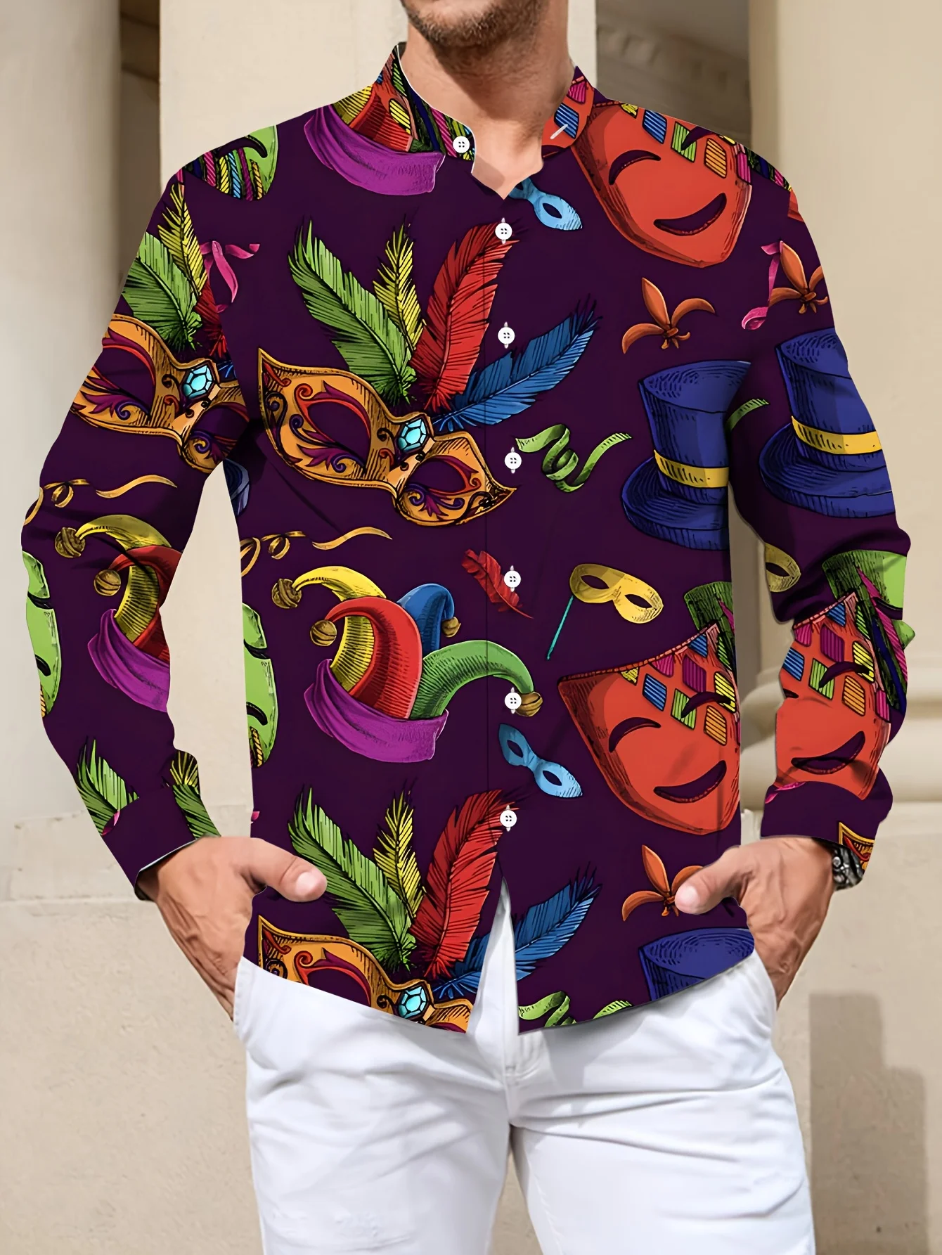 

Men'S Stand Collar Long Sleeve Print Shirt in Gray and Yellow Geometric Line Pattern, 2025
