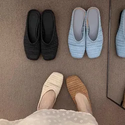 2025 Women Mules Slippers Female Summer Flats Sandals Knit Fabric Stretch Slides Holiday Beach Shoes Square Heel Square Toe Flat