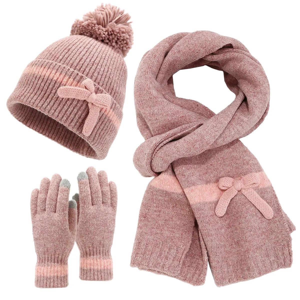 

Women Bow Hat Scarf Gloves 3pcs Set Ladies Outdoor Warmer Scarf Hat Winter Women's Plush Pompom Beanie Cap Gloves Set