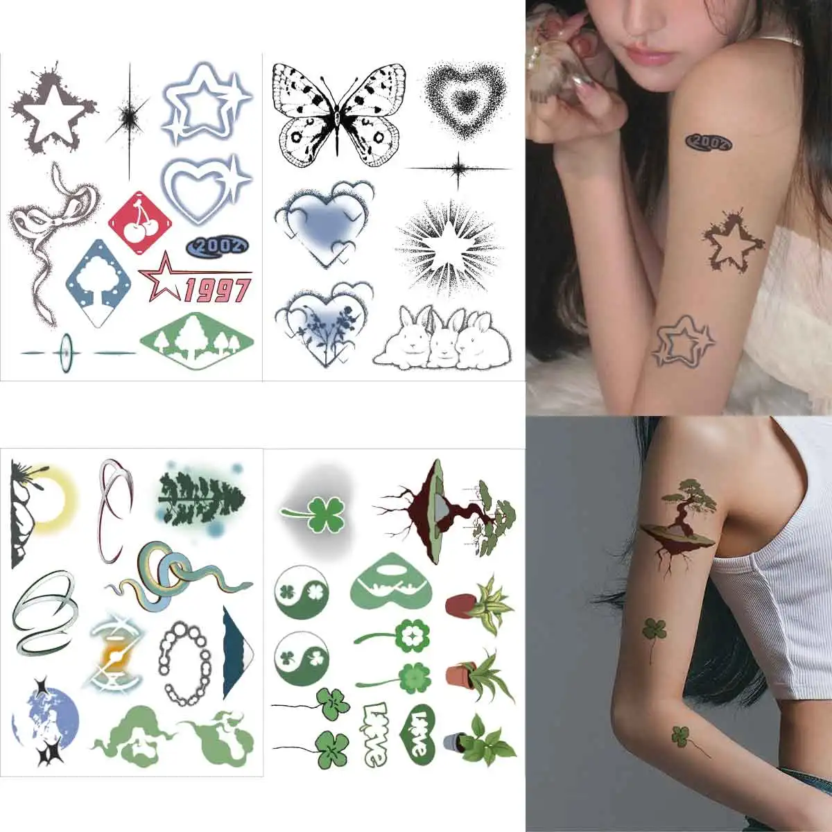 4 Vellen Cartoon Groene Plant Tattoo Stickers Voor Vrouwen Mannen Schattige Ster Hart Tijdelijke Tatouage Temporaire Body Art