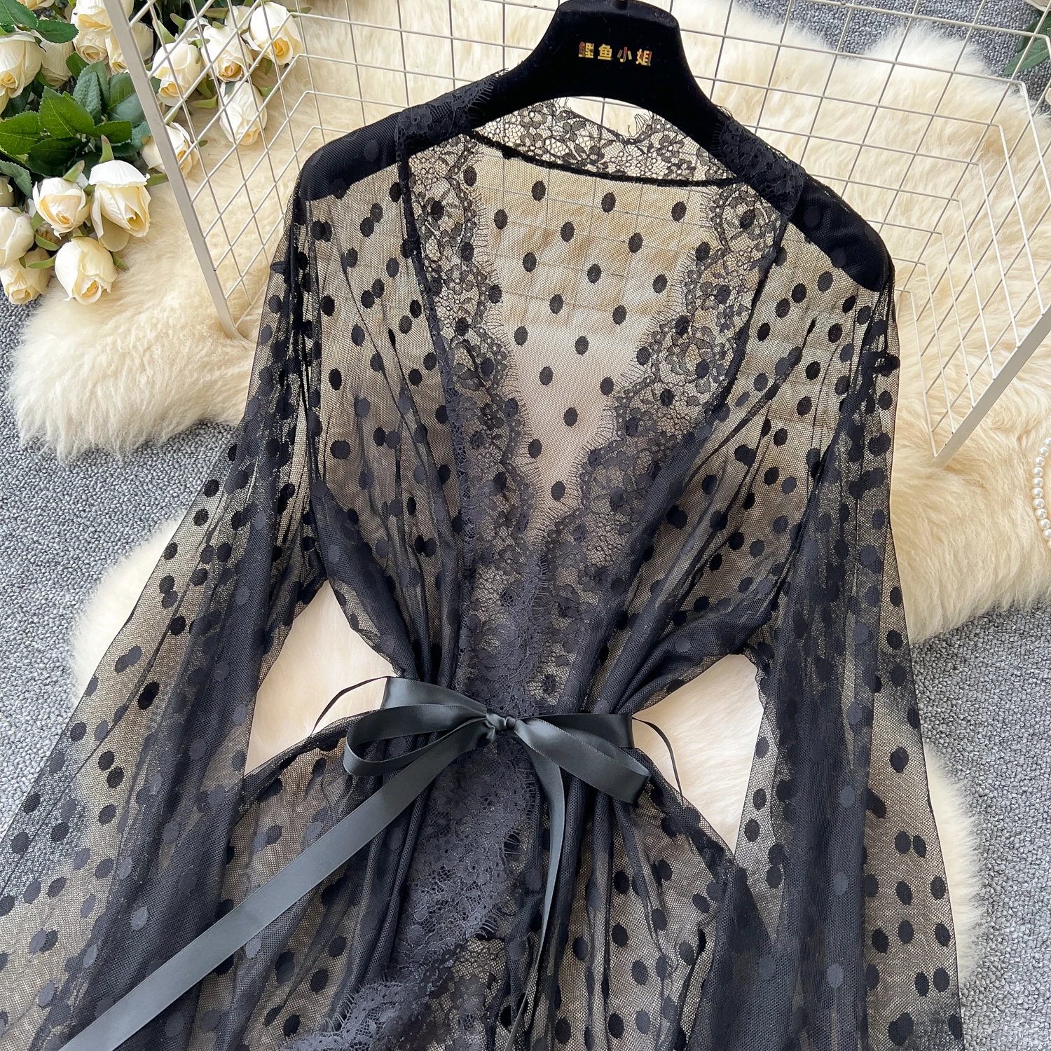 Feminino data noite romântico amor vestido sexi feminino malha preta pontos vestidos allure 3 pçs senhora sexy hotsweet noite fino vestido transparente