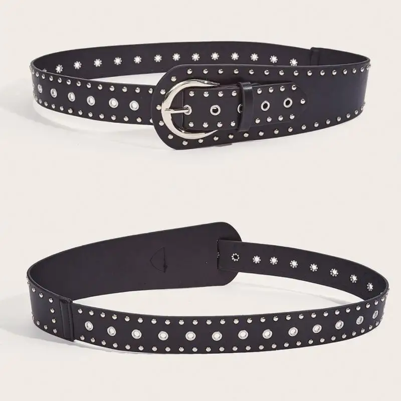 Schwarzbrauner Retro Vintage Nieten-Gürtel mit Nieten-Design Y2k Damen-Taillengürtel Schicker Punk PU-Leder Kleider-Jeans-Gürtel für Frauen – Detail 5