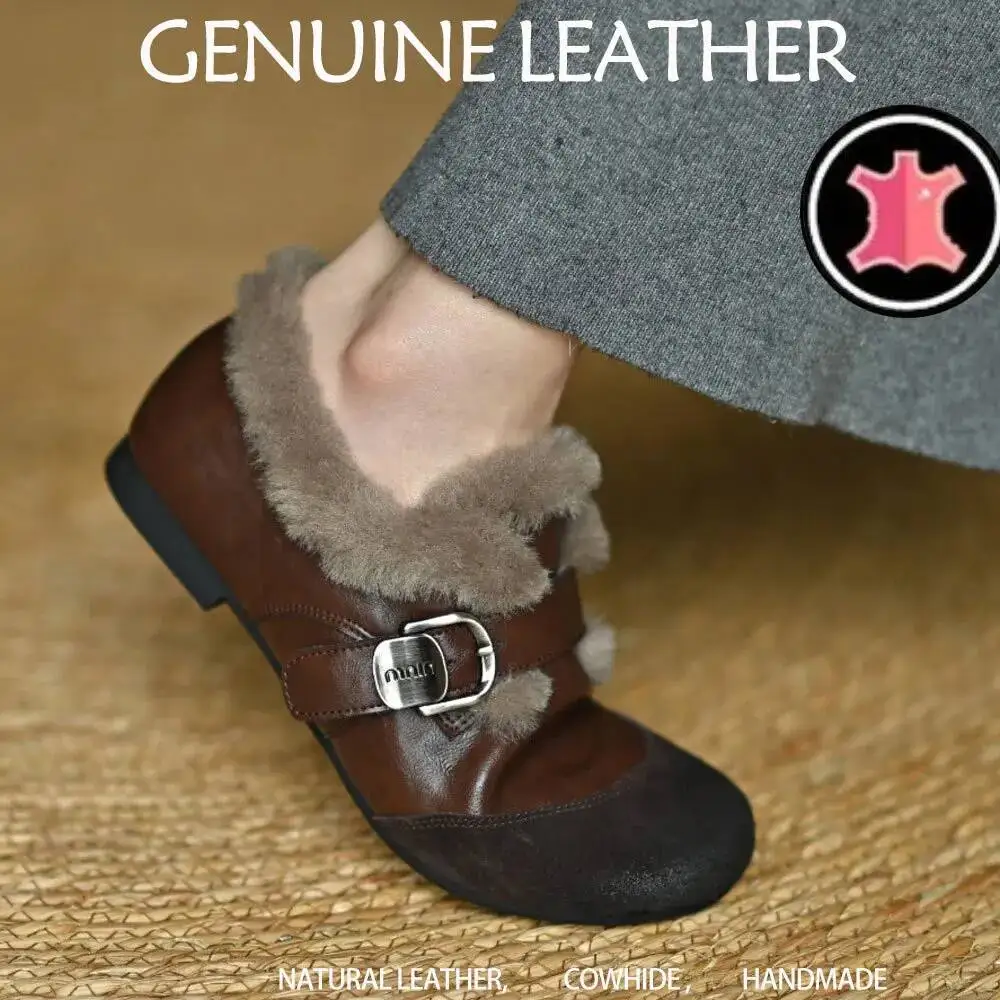 Fur Women's Loafers Leather Suede Patchwork Genuine Leather Cross Belt Buckle Female Shoes Round Toe Brown Flats Phoentin
