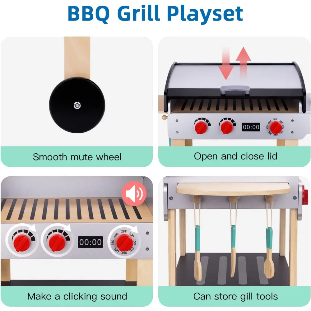 Parrilla de juguete de barbacoa de juego de madera, juego de parrilla para niños con herramientas para jugar comida y asar, accesorios de cocina para niños pequeños