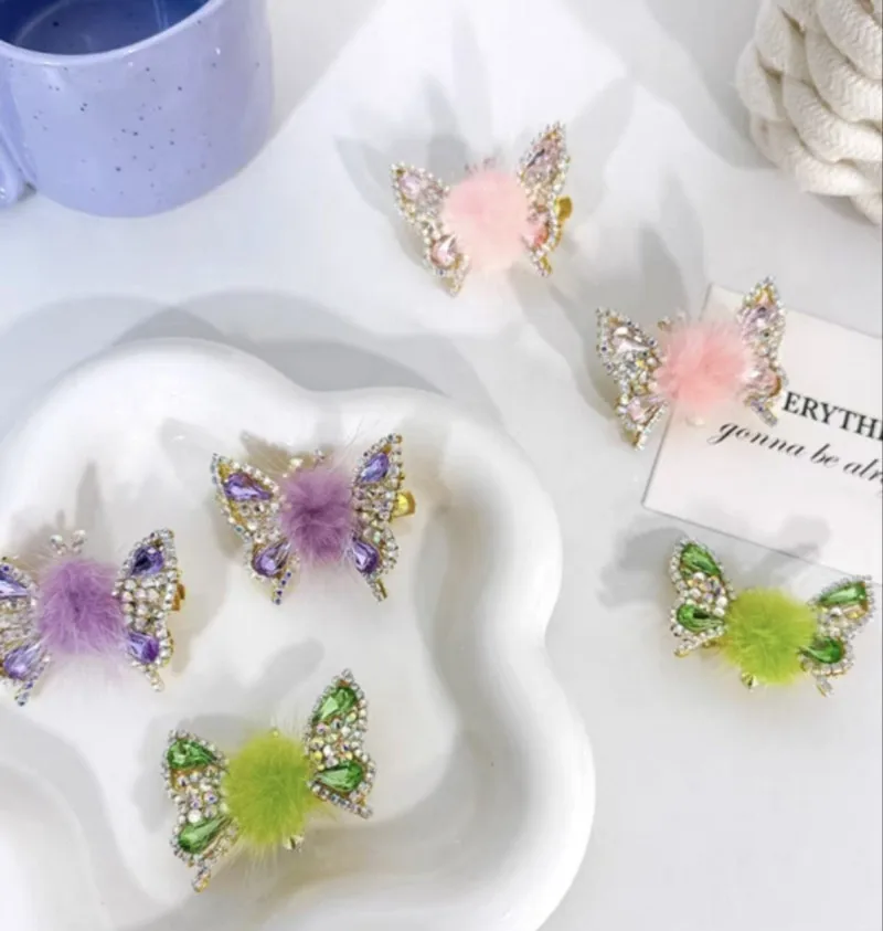 3D Butterfly Faux Fur Hair Clips Flying Shiny Rhinestone Hairpin Barrettes Plush Butterfly Hair Clip For Girls