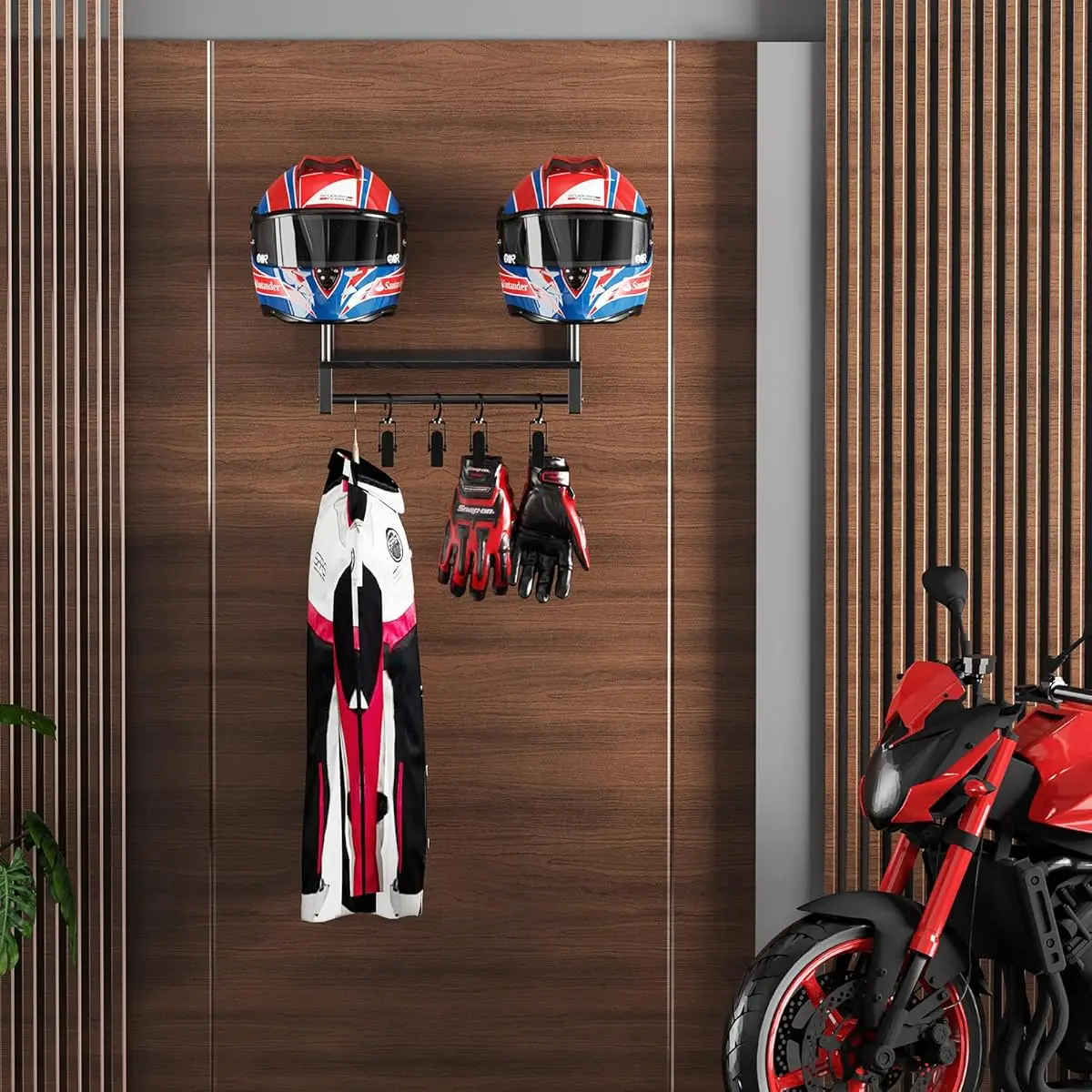 Soporte de pared de madera para casco de motocicleta, organizador multifuncional de equipo de bicicleta para decoración de garaje y dormitorio