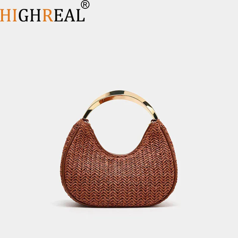 

Fashion Metallic Handle Women Handbag Bohemian Woven Straw Beach Bags for Women Half Moon Clutch Purses Ladies Mini Shoulder Bag